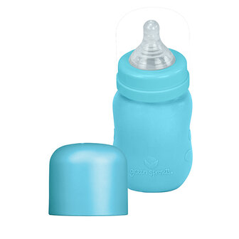 Aquablauwe babyfles van glas en silicone