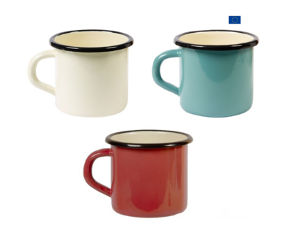 Enamel beker in rood, creme of blauw bij Greenpicnic