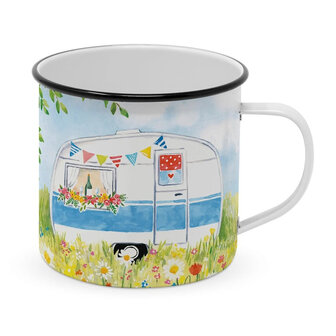 Grote emaillen beker met caravan, PPD enamel mug Happy Camping