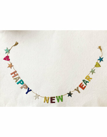 Happy New Year slinger van himalaya papier, Fairtrade gemaakt in Nepal