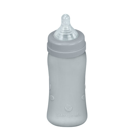 Grijze babyfles van glas en silicone